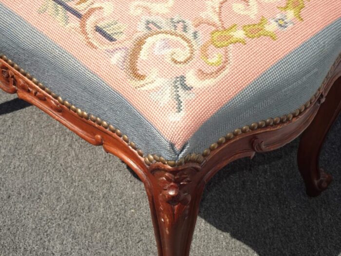 1900s antique french louis xvi stool bench pink tapestry serpentine cabriole leg 2267