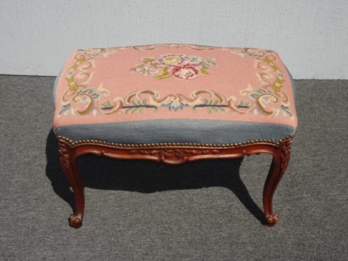 1900s antique french louis xvi stool bench pink tapestry serpentine cabriole leg 3629