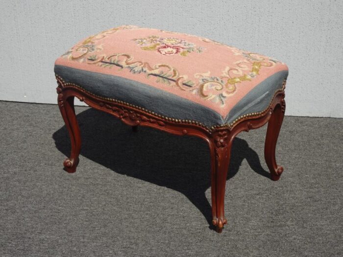 1900s antique french louis xvi stool bench pink tapestry serpentine cabriole leg 4040