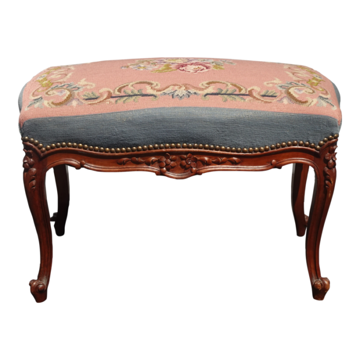 1900s antique french louis xvi stool bench pink tapestry serpentine cabriole leg 5459