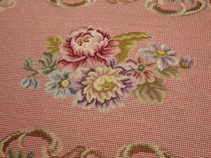 1900s antique french louis xvi stool bench pink tapestry serpentine cabriole leg 6274