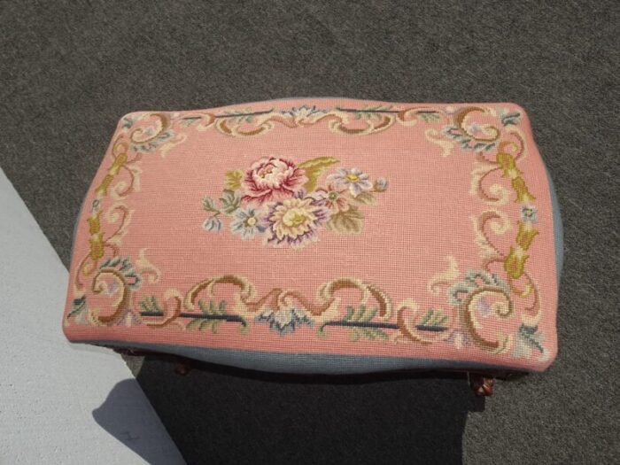 1900s antique french louis xvi stool bench pink tapestry serpentine cabriole leg 8768