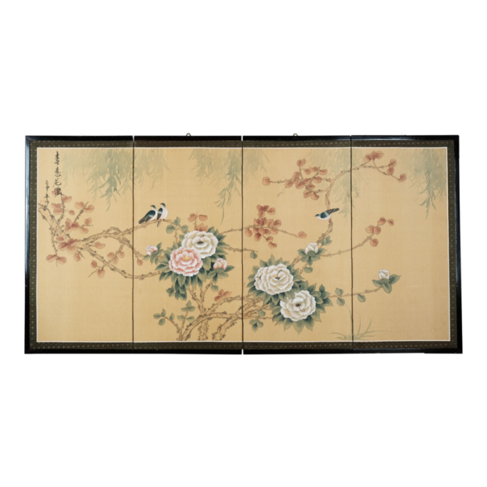 1960s asian 4 panel byobu blossoms and birds in a tree hand signed and hand painted by unidentified artist folding divider screen with hangers 1469