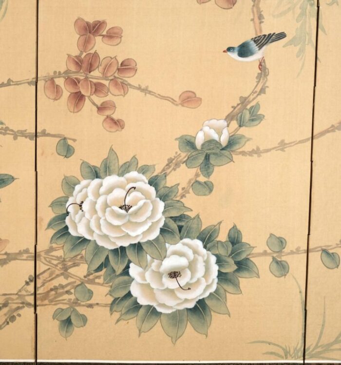 1960s asian 4 panel byobu blossoms and birds in a tree hand signed and hand painted by unidentified artist folding divider screen with hangers 1526