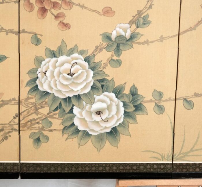 1960s asian 4 panel byobu blossoms and birds in a tree hand signed and hand painted by unidentified artist folding divider screen with hangers 1901