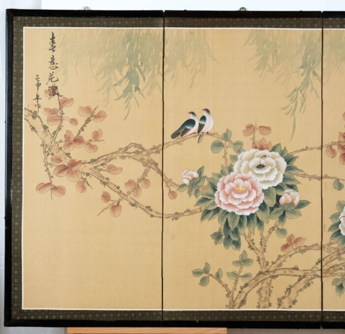 1960s asian 4 panel byobu blossoms and birds in a tree hand signed and hand painted by unidentified artist folding divider screen with hangers 2187