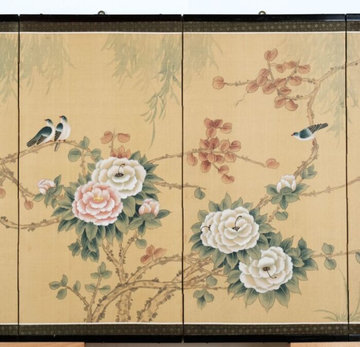 1960s asian 4 panel byobu blossoms and birds in a tree hand signed and hand painted by unidentified artist folding divider screen with hangers 3192