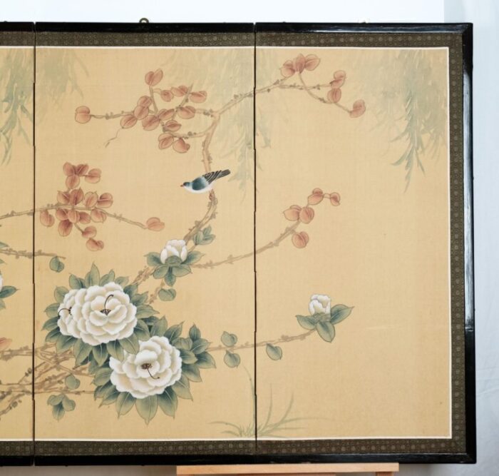 1960s asian 4 panel byobu blossoms and birds in a tree hand signed and hand painted by unidentified artist folding divider screen with hangers 5831