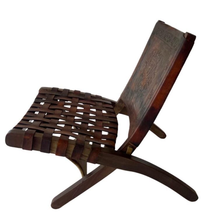 1960s folding chair leather and wood frame chair attributed to angel pazmino 8631