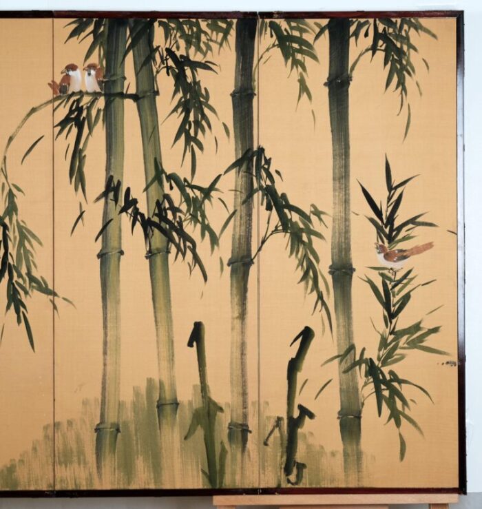 1960s japanese 4 panel byobu birds in bamboo forest hand signed and hand painted folding divider screen early to mid 20th century 0074