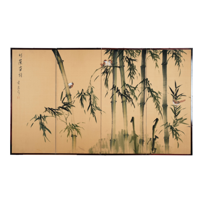 1960s japanese 4 panel byobu birds in bamboo forest hand signed and hand painted folding divider screen early to mid 20th century 7452