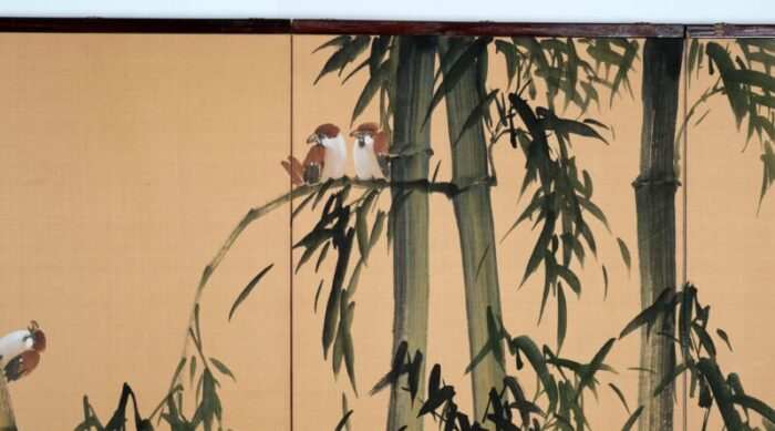 1960s japanese 4 panel byobu birds in bamboo forest hand signed and hand painted folding divider screen early to mid 20th century 8962