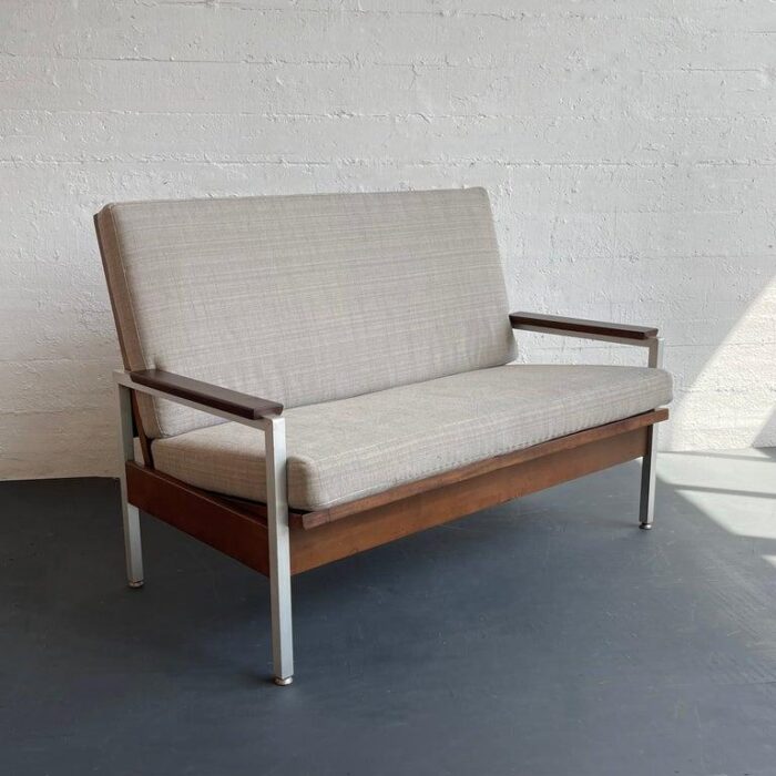 1960s mid century modern walnut loveseat sofa by steelcase 6408