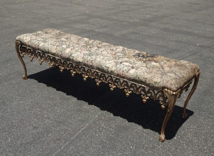 1960s vintage french hollywood regency bed side floral bench w cast iron skirt 7400