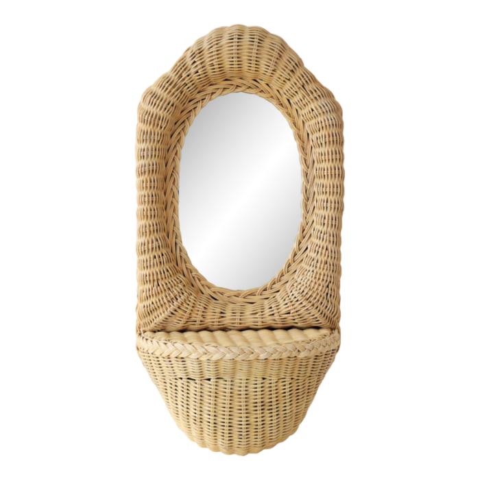 1970s french rattan mirror with shelf 5641