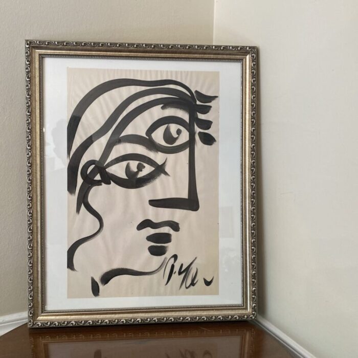 1970s peter keil original black and white abstract portrait painting framed 0038