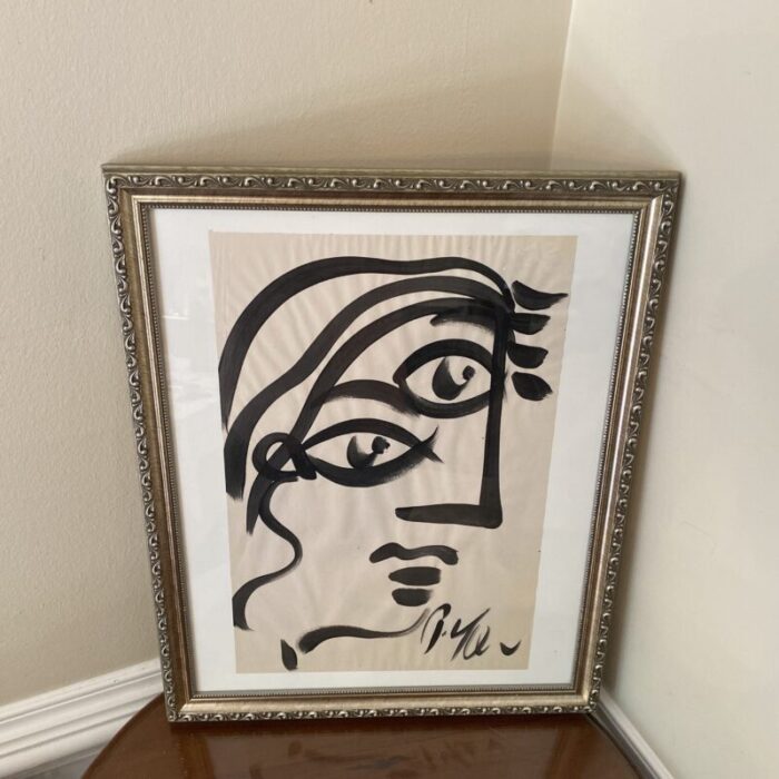 1970s peter keil original black and white abstract portrait painting framed 2414