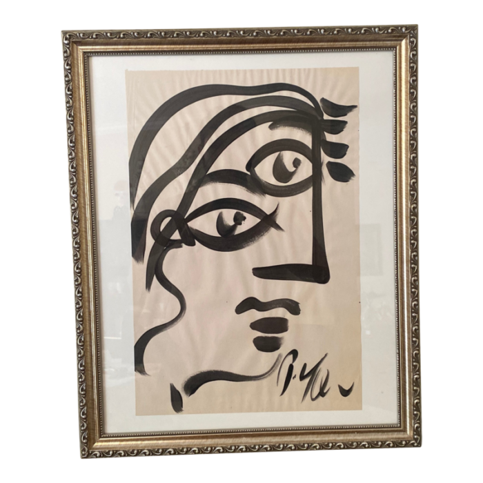 1970s peter keil original black and white abstract portrait painting framed 9334