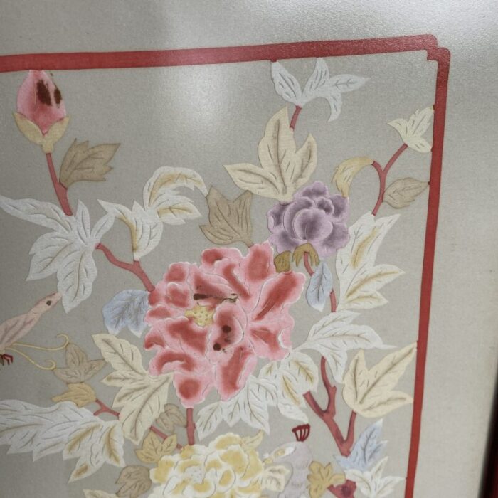 1970s vintage chinoiserie embossed painting on cut paper with peacock on one and a bird in other in vibrant and muted tones framed set of 2 9428