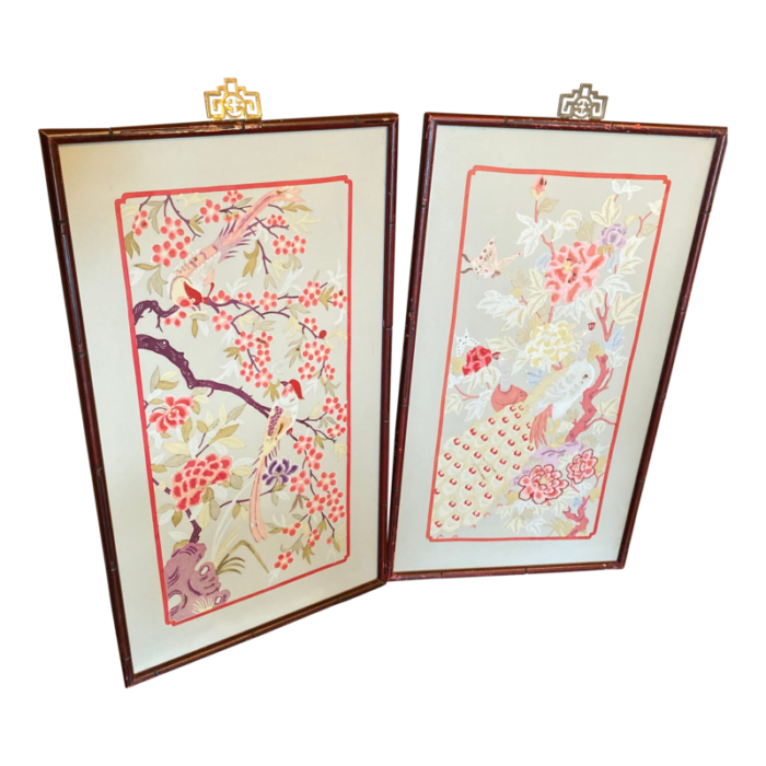 1970s vintage chinoiserie embossed painting on cut paper with peacock on one and a bird in other in vibrant and muted tones framed set of 2 9758