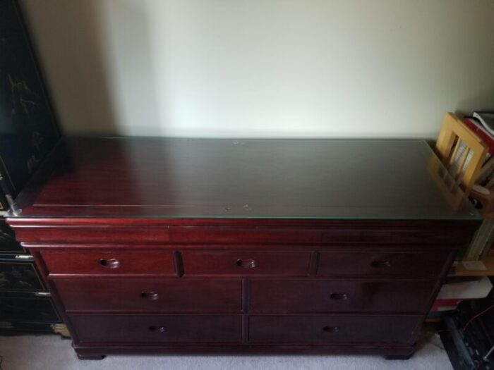 1990s low elongated elmwood brown heavy chinese dresser 9529