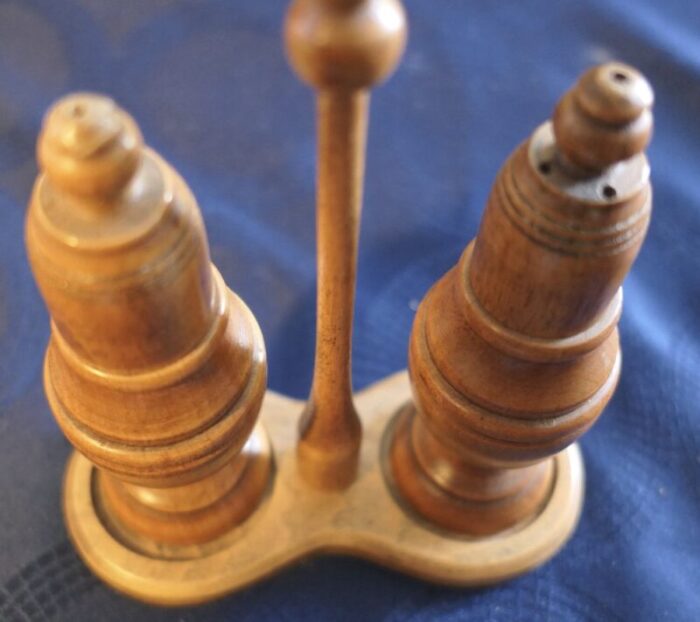 19th century beech treen salt and pepper shakers on stand set of 3 4