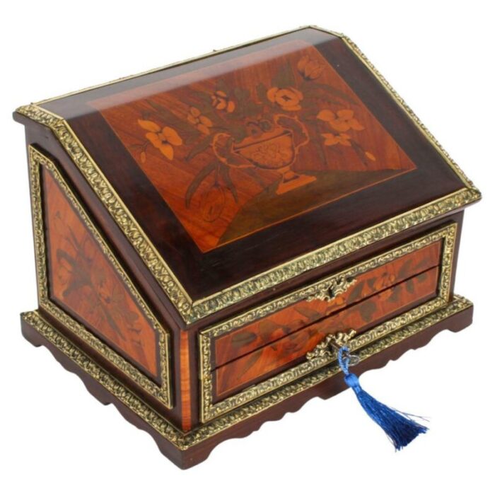 19th century french marquetry and ormolu stationary box 1