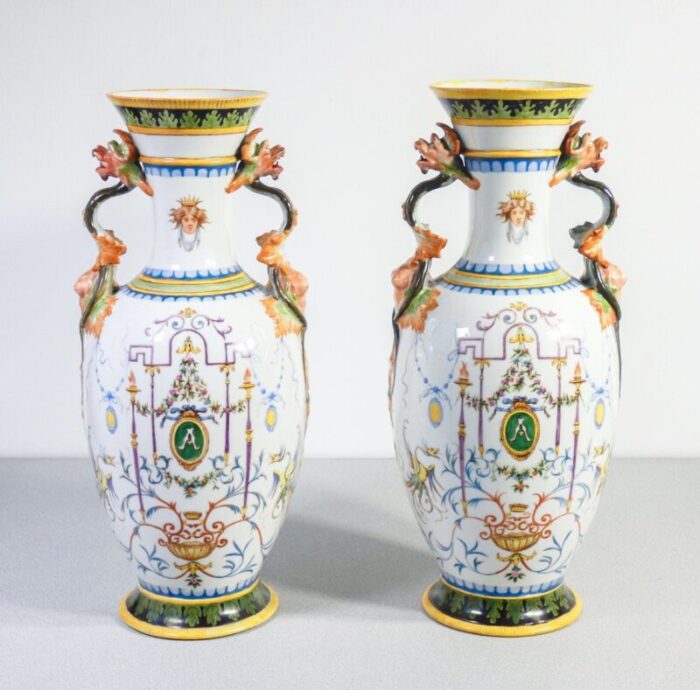 19th century hand painted ceramic vases set of 2 1