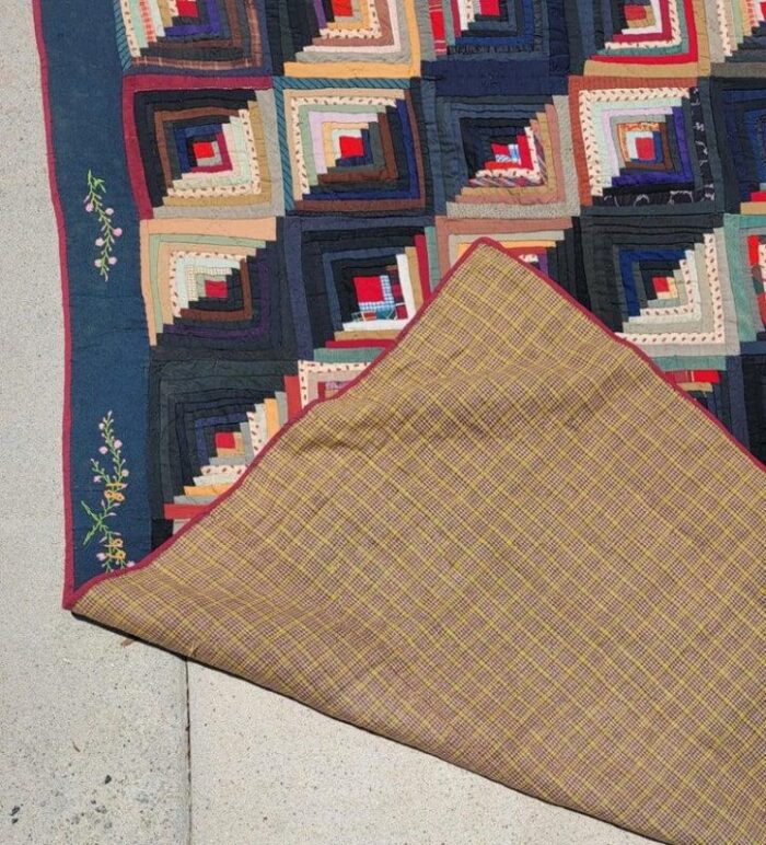 19thc wool log cabin quilt with embroidered borders lancaster county pa 1779