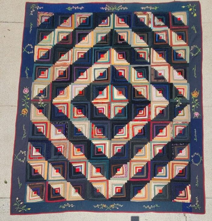 19thc wool log cabin quilt with embroidered borders lancaster county pa 6546 scaled