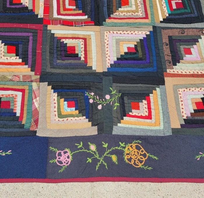 19thc wool log cabin quilt with embroidered borders lancaster county pa 9010