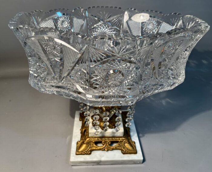 american brilliant cut glass bowl centerpiece pedestal marble and brass base 14 5051