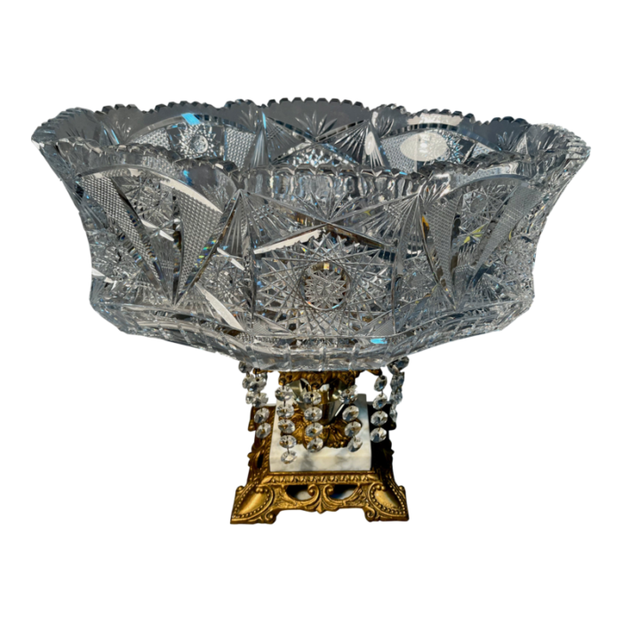 american brilliant cut glass bowl centerpiece pedestal marble and brass base 14 5358