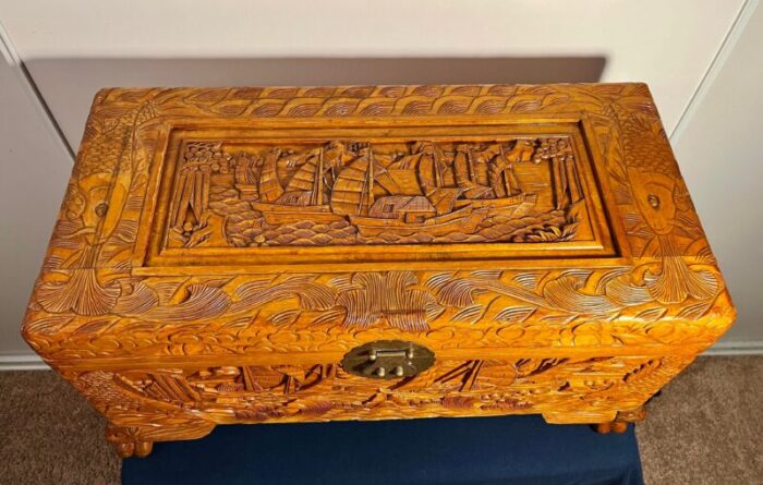 antique chinese wooden chest luggage blanket trunk hand carved 1304