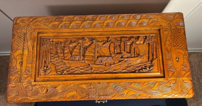 antique chinese wooden chest luggage blanket trunk hand carved 3868