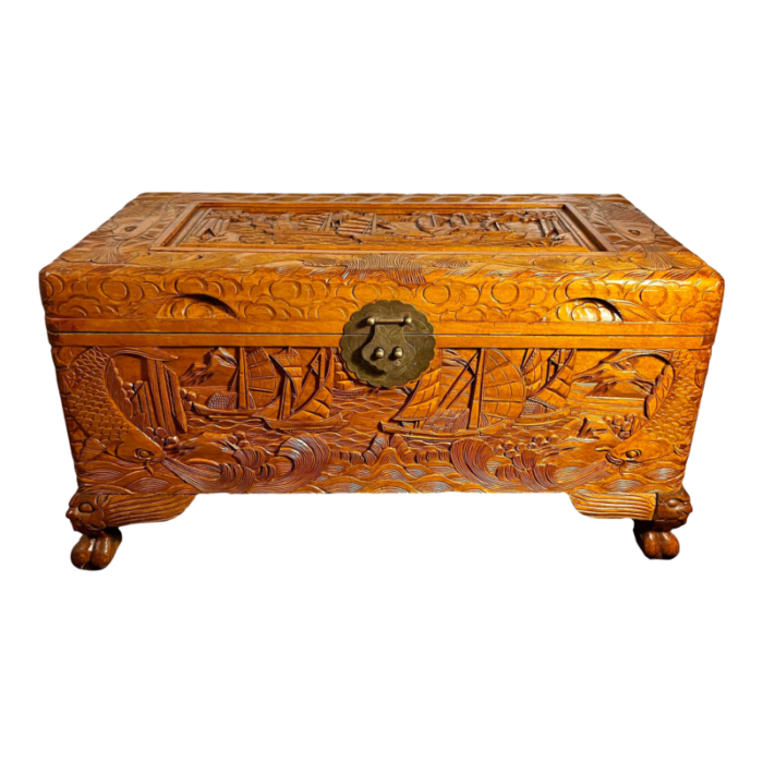 antique chinese wooden chest luggage blanket trunk hand carved 6038