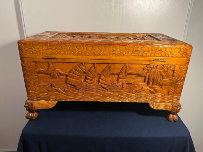 antique chinese wooden chest luggage blanket trunk hand carved 6434