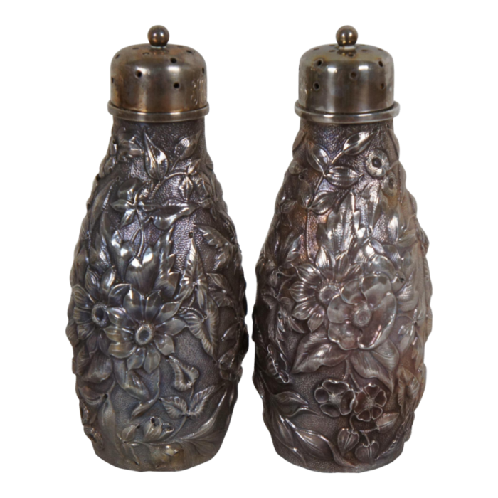 antique dominick and haff repousse floral sterling silver salt and pepper shakers a pair 9704