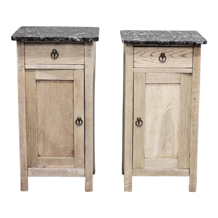 antique english bleached oak nightstands with black marble tops a near pair 6216