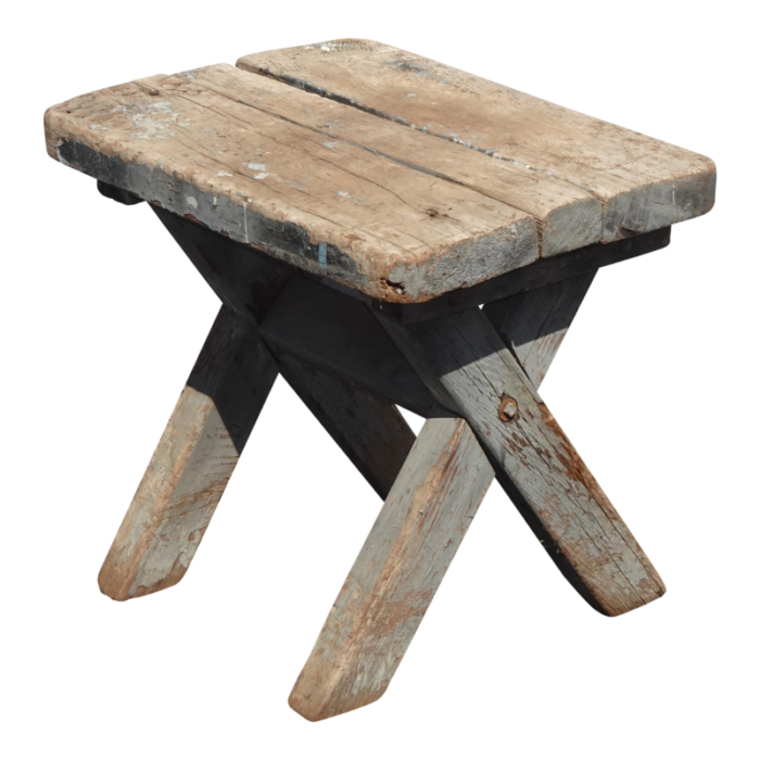 antique farmhouse primitive x shaped blue rustic bench stool french country 3780