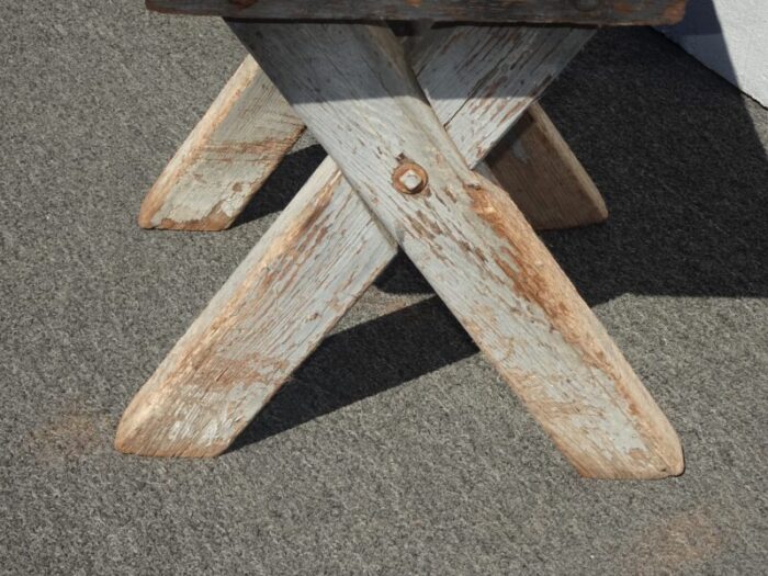 antique farmhouse primitive x shaped blue rustic bench stool french country 9963