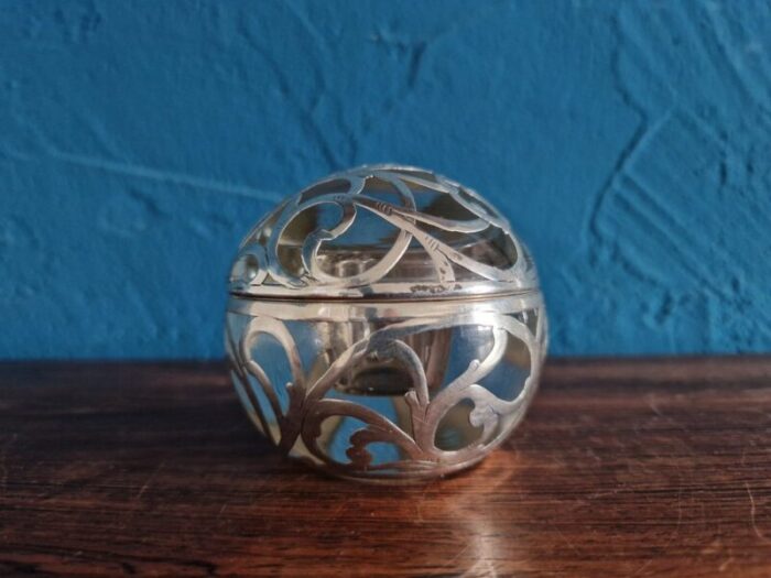 antique globular inkwell in clear glass with silver overlay 1890s 1