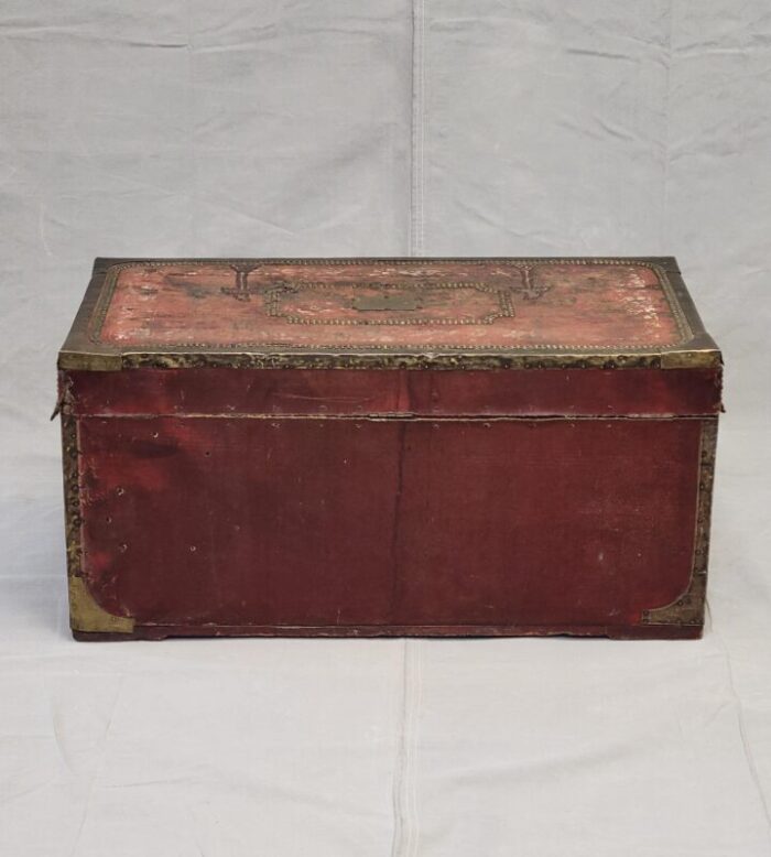 antique red leather brass and camphor wood chinese export trunk 1770