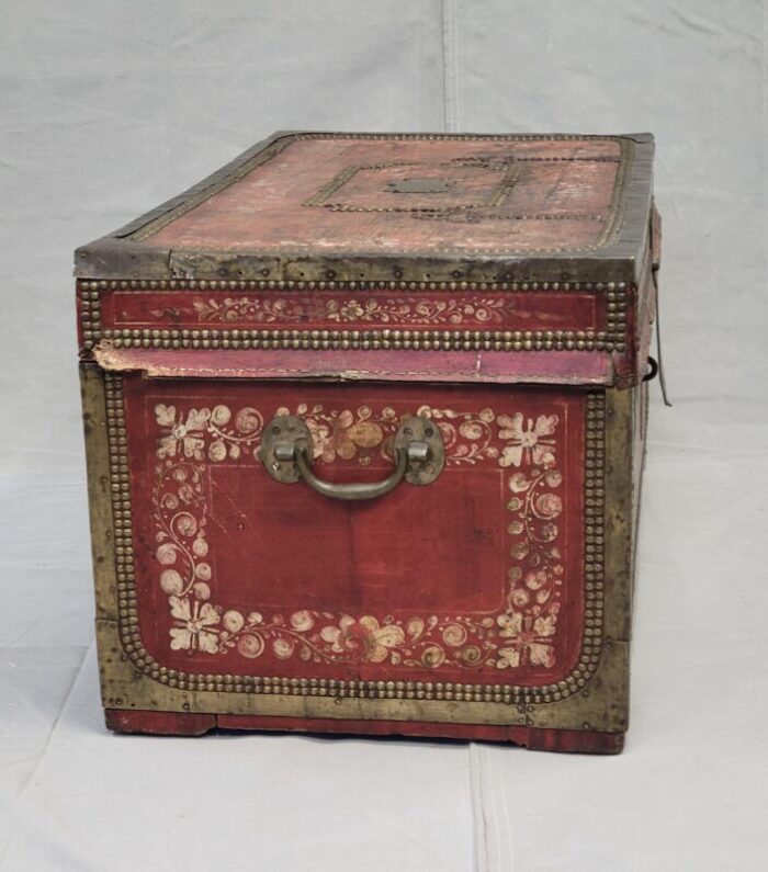 antique red leather brass and camphor wood chinese export trunk 2176