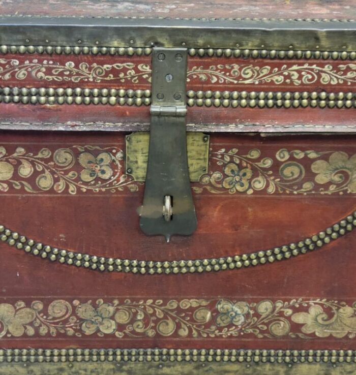 antique red leather brass and camphor wood chinese export trunk 4085