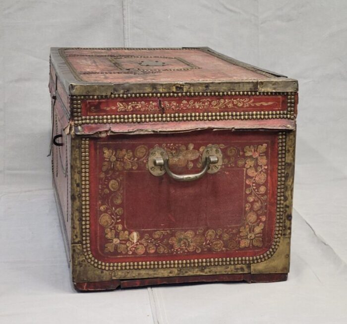 antique red leather brass and camphor wood chinese export trunk 5680