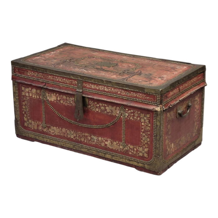 antique red leather brass and camphor wood chinese export trunk 6917