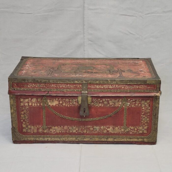 antique red leather brass and camphor wood chinese export trunk 8839