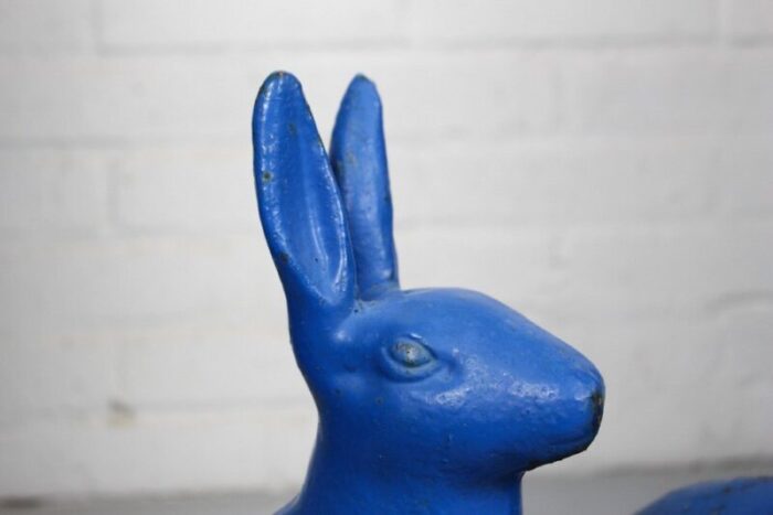 antique sculptural figural blue painted cast iron rabbit doorstops set of 2 11