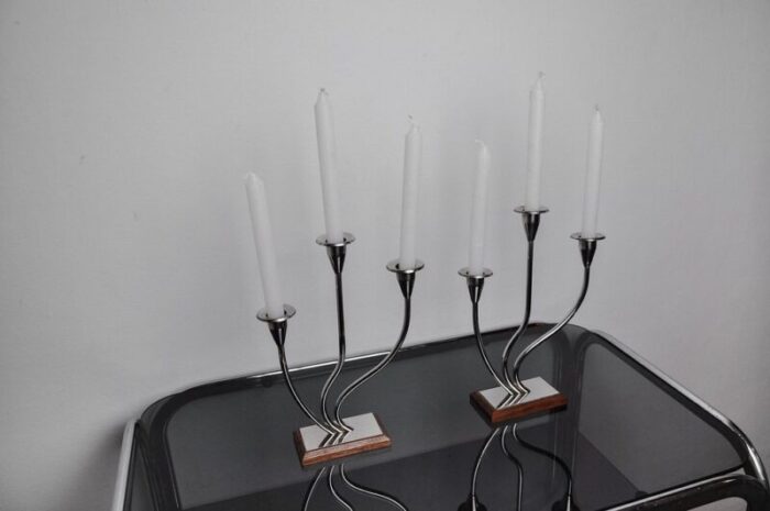 art deco 3 flame candlesticks in stainless steel spain 1970 set of 2 5